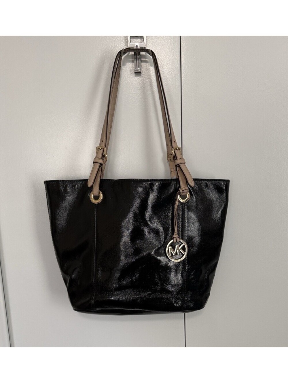 Michael Kors Black Patent Tote Bag with Beige Shoulder Straps & Logo Charm